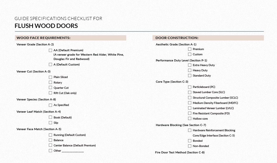 Guide Specifications Checklist for Flush Wood Doors